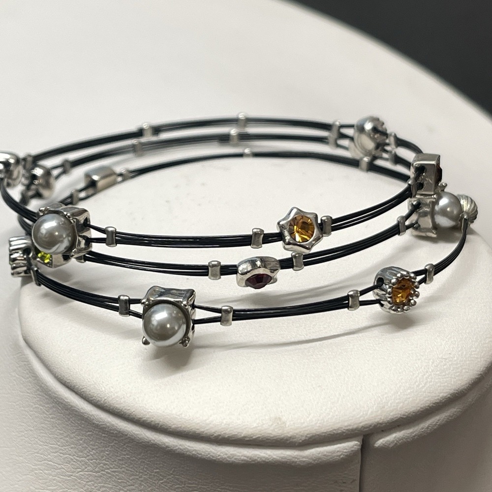 3 pc Black Stainless Steel Wire Rhinestone Faux Pearl Stacking Bracelet Bangle